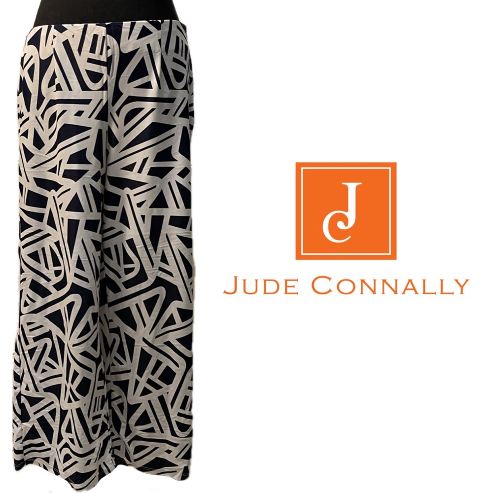 Jude Connally Navy Blue & White Abstract Geo Geometric wide-leg pants USA made M